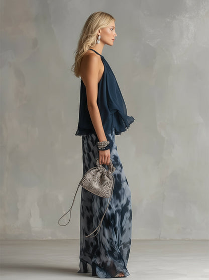Conjunto Elegante en Chiffon con Top de Cuello Alto y Pantalones Anchos Estampados