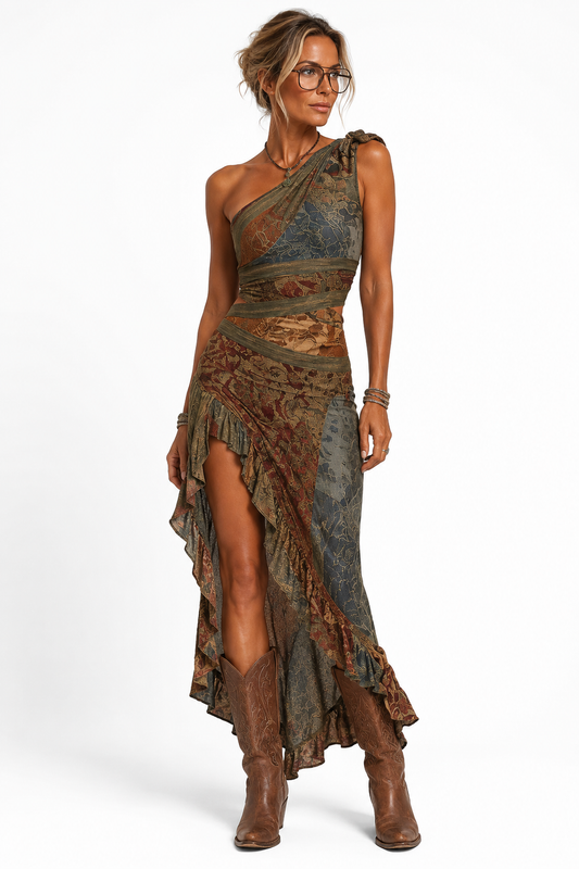 Vestido asimétrico estampado con olanes
