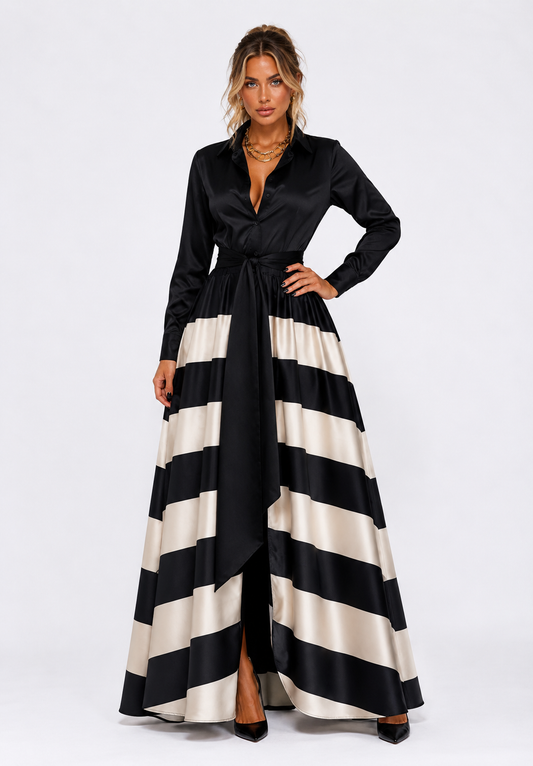 Vestido camisero satinado de rayas