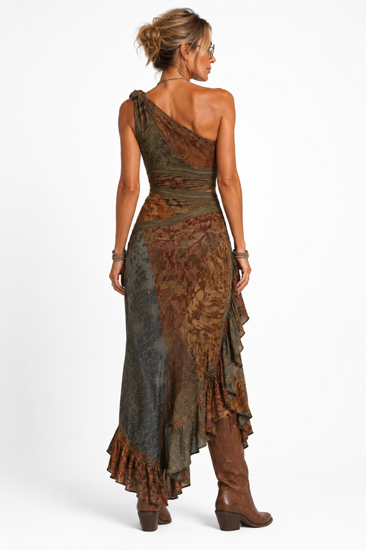 Vestido asimétrico estampado con olanes