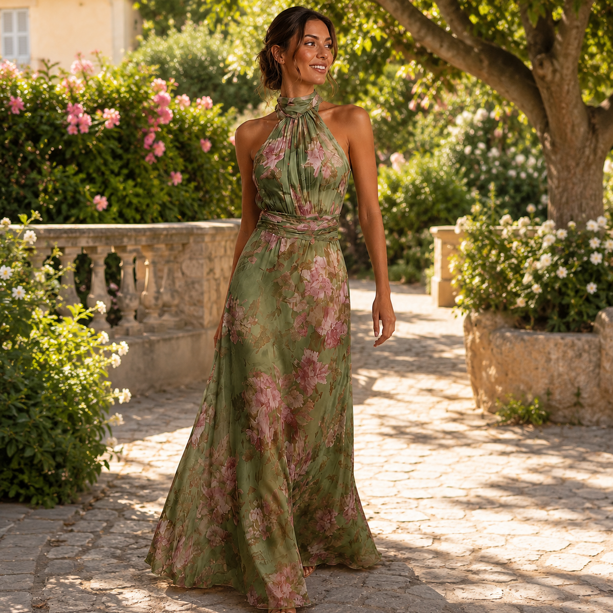 Valentina – Vestido Largo Floral de Gasa Verde con Cuello Halter