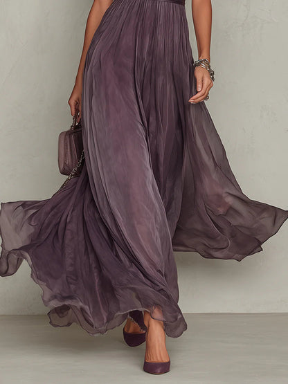 Vestido Largo Violeta con Escote Tipo Lágrima y Ribete de Encaje