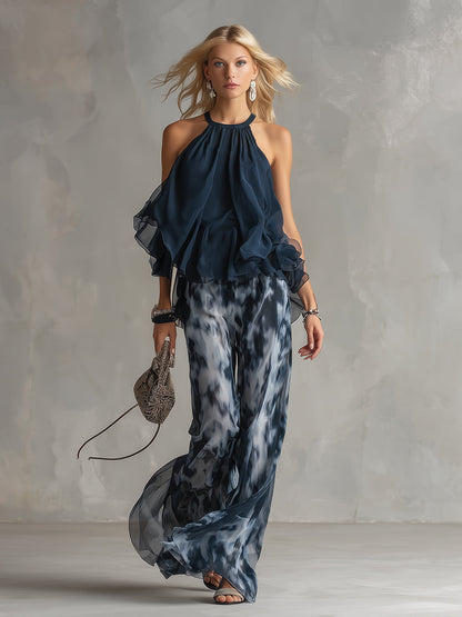 Conjunto Elegante en Chiffon con Top de Cuello Alto y Pantalones Anchos Estampados
