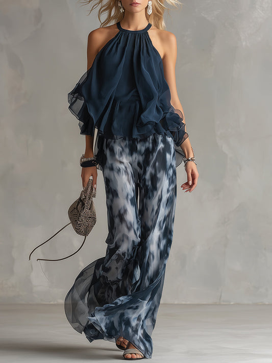 Conjunto Elegante en Chiffon con Top de Cuello Alto y Pantalones Anchos Estampados