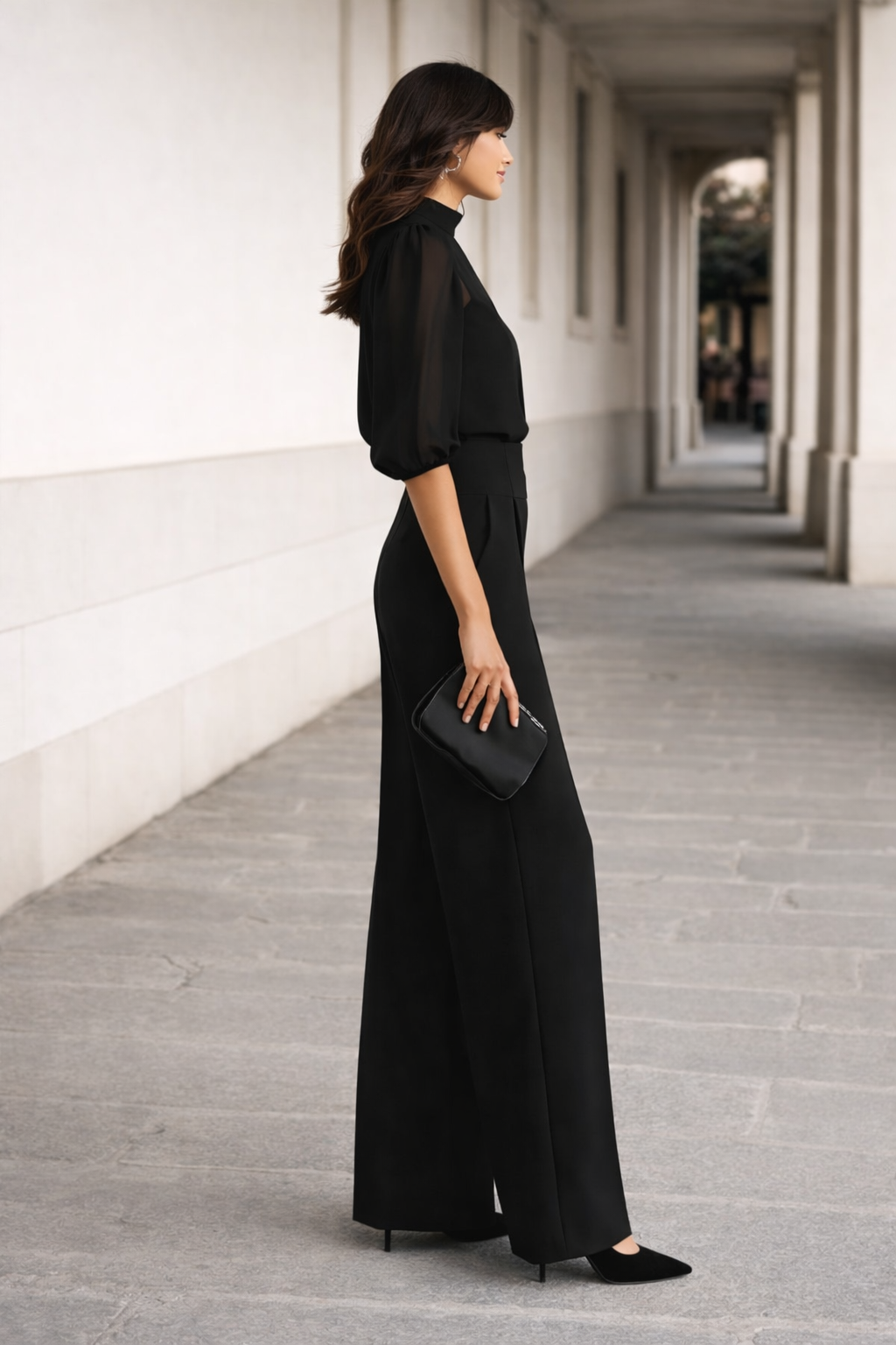 Valentina | Conjunto de Tres Piezas Compuesto por una Camisola Transparente y Pantalones de Pierna Ancha.