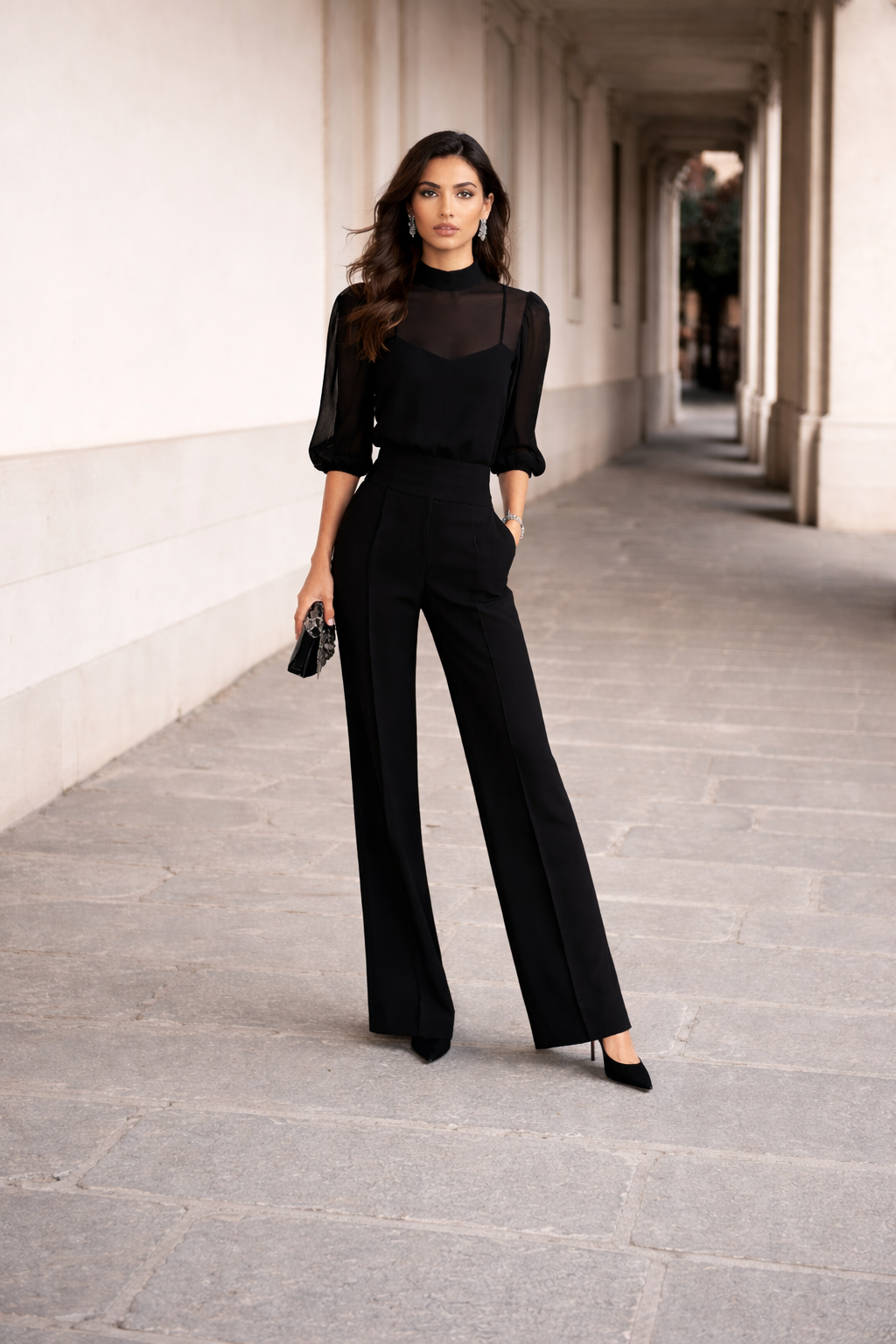 Valentina | Conjunto de Tres Piezas Compuesto por una Camisola Transparente y Pantalones de Pierna Ancha.
