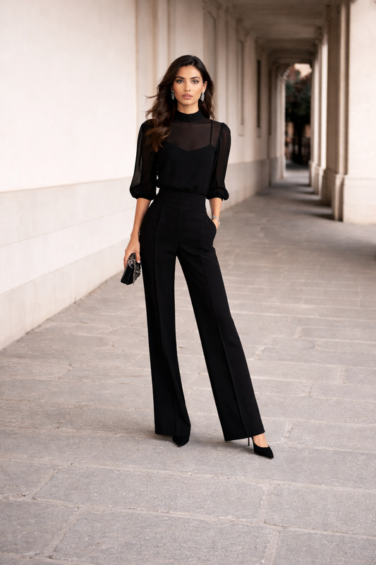Valentina | Conjunto de Tres Piezas Compuesto por una Camisola Transparente y Pantalones de Pierna Ancha.