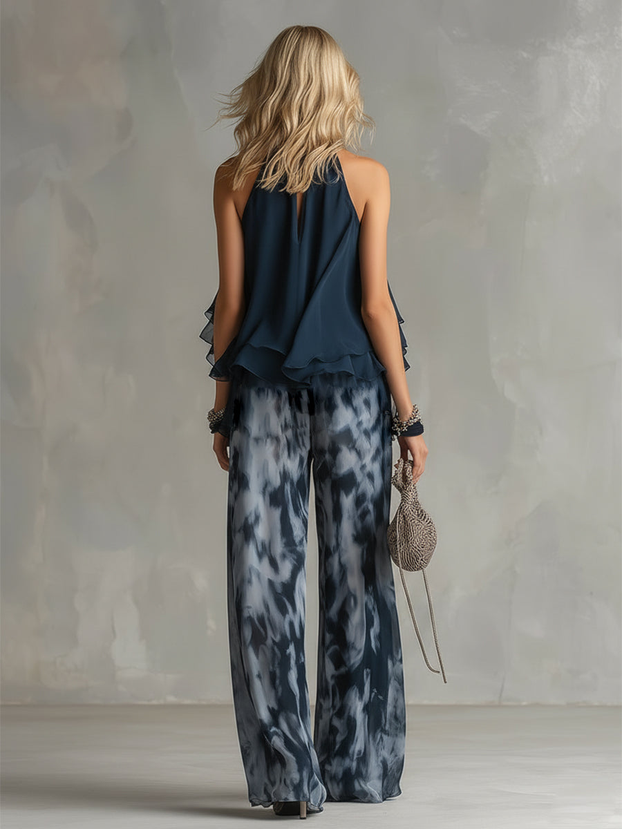 Conjunto Elegante en Chiffon con Top de Cuello Alto y Pantalones Anchos Estampados