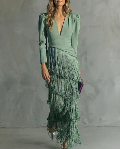 Vestido Elegante con Mangas de Flecos