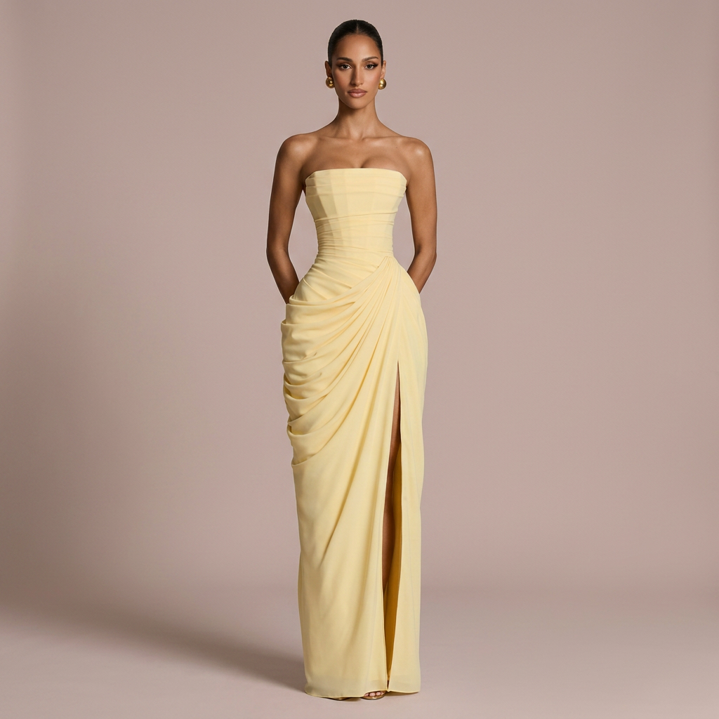 Elena – vestido largo palabra de honor con drapeado lateral